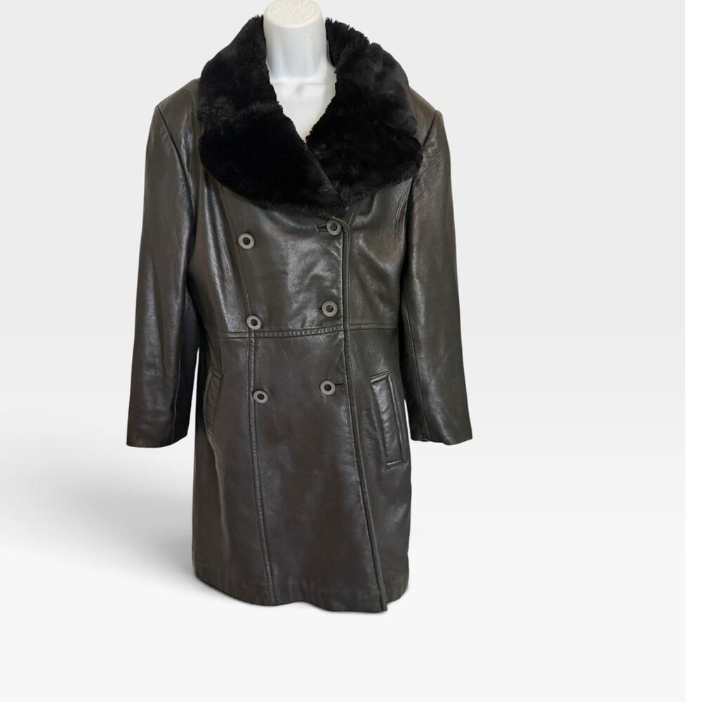 Neiman Marcus Y2K Genuine Leather Coat L Black Faux fur Collar Double Breasted